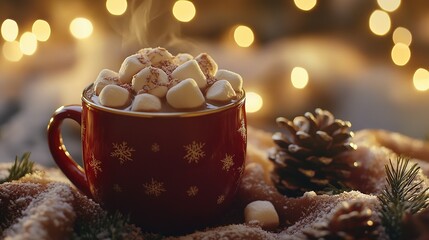 Festive Hot Cocoa with Marshmallows, Glowing Lights, and Pine Cone