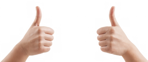 Close-up image of two hands with spread fingers making thumbs up gesture on transparent background.