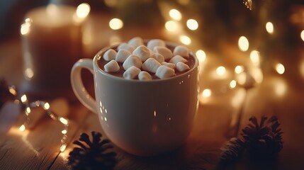 Warm Cozy Hot Chocolate with Marshmallows, Festive Lights, and Pinecones