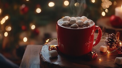 Steaming Hot Chocolate with Marshmallows, Festive Christmas Setting