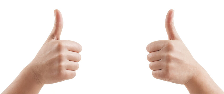 Close-up image of two hands with spread fingers making thumbs up gesture on transparent background.