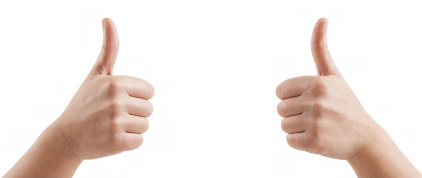 Close-up image of two hands with spread fingers making thumbs up gesture on transparent background.