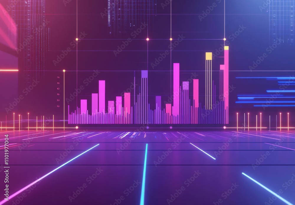 Poster abstract digital data visualization with colorful bar graphs and lines in a futuristic environment s