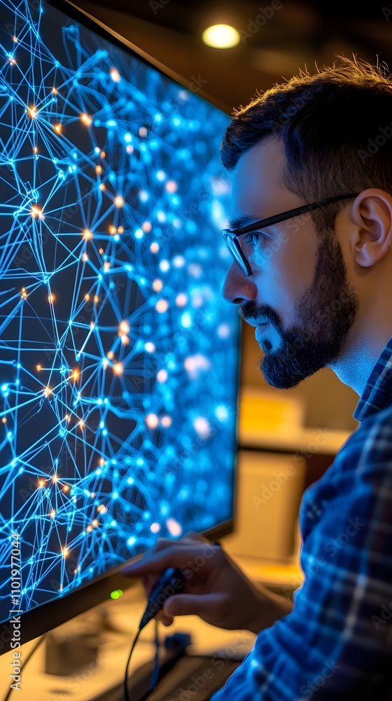 Poster a man analyzes a digital network visualization on a computer screen.