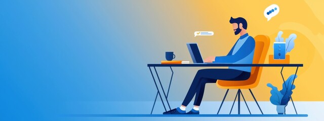 A man is sitting at a desk with a laptop