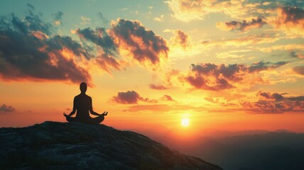 Obraz premium Meditation on Hilltop at Sunset