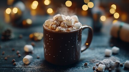 Steaming mug of hot chocolate topped with marshmallows and cocoa powder.