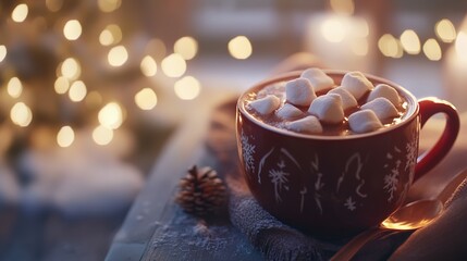 Cozy Christmas Eve: Hot Chocolate with Marshmallows and Festive Lights