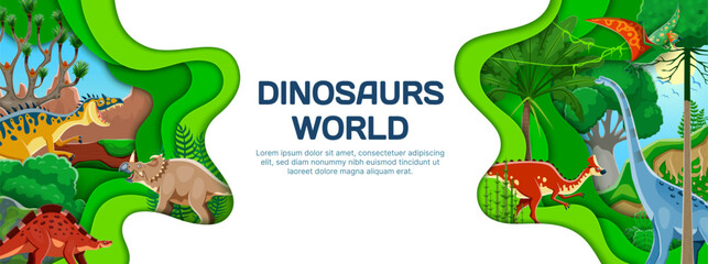 Prehistoric dinosaurs paper cut banner. Cartoon dino animal characters in a tropical jungle forest Jurassic era landscape with vines, trees and vivid nature inside of 3d vector layered papercut frame