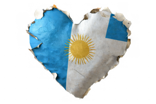 Heart-shaped Argentina flag illustration with torn edges on transparent background, showcasing blue, white, and light blue stripes with yellow sunburst.