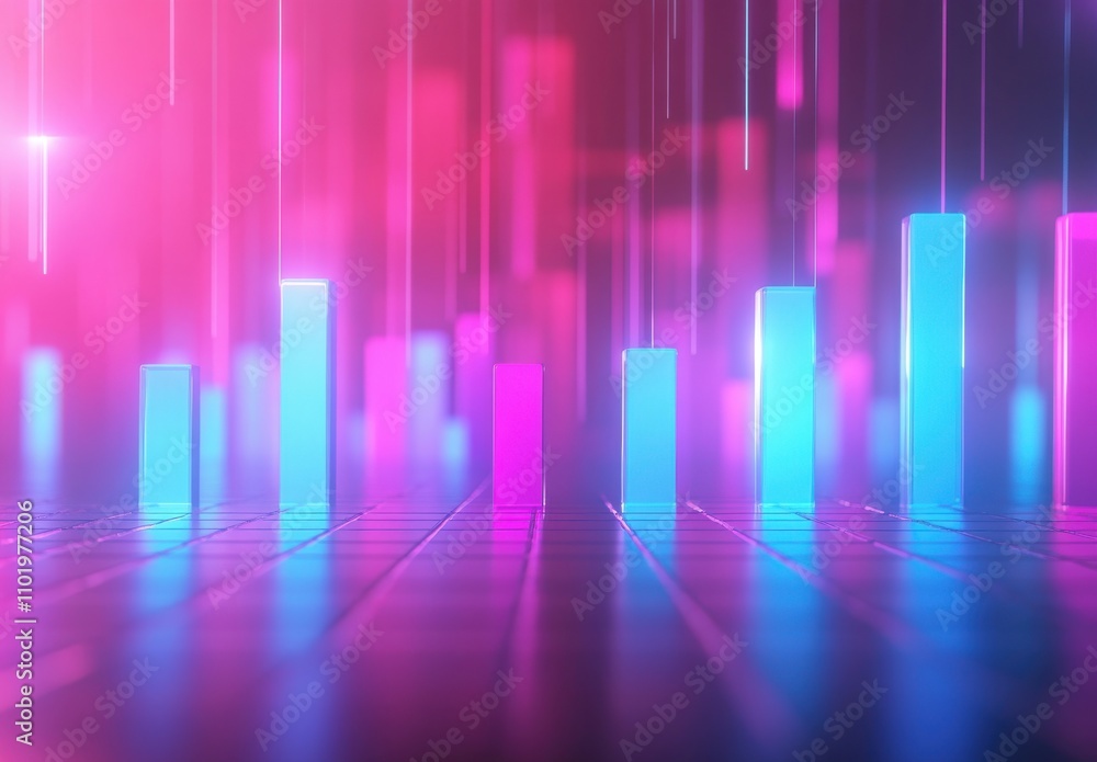 Aufkleber abstract neon gradient bars rising in a futuristic digital landscape, reflecting vibrant colors and 