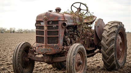 Rusty tractor in empty field with flaking metal deflated tires vine covered wheel and cloudy sky