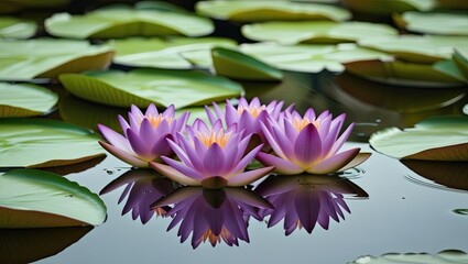 With green lily pads in the backdrop, lovely purple water lilies in bloom are seen floating elegantly on a pond.