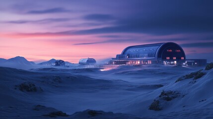 Cinematic Arctic Research Station: Generator Installation Under Polar Dawn Lighting, Showcasing Advanced Cold-Environment Engineering Precision and Technological Adaptation.