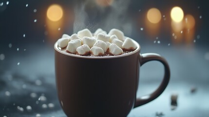 Steaming mug of hot chocolate topped with marshmallows, bokeh background.