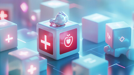 Presenting cubes with healthcare symbols, he inspires confidence in robust and reliable insurance solutions.