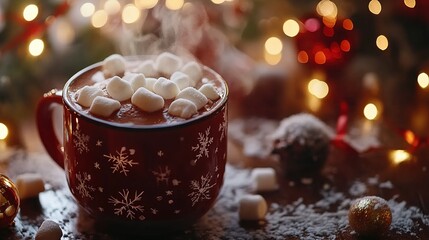 Steaming Hot Cocoa with Marshmallows, Festive Christmas Lights Background