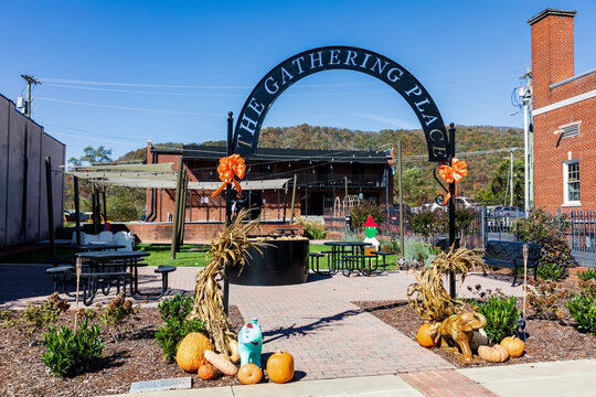 ERWIN, TN, USA-28 OCT 2019: A small public space called "The Gathering Place" on Main Street.