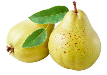 Fresh and healthy pears with green leaves on transparent background - one slightly larger than the other.