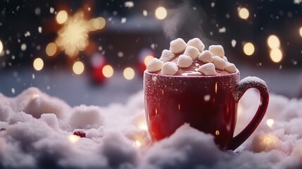 Festive Hot Chocolate with Marshmallows in Snowy Winter Setting