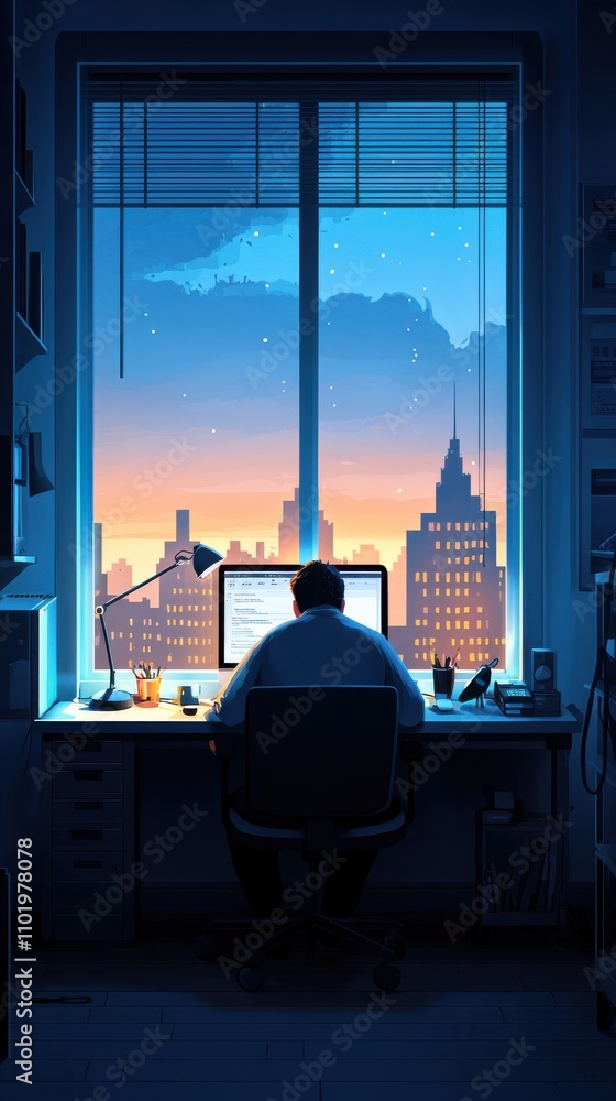 Poster a man is sitting at a desk with a computer