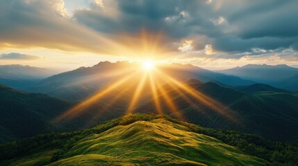 Fototapeta premium Stunning mountainous landscape with glowing golden sunlight rays streaming through the dramatic cloudy sky casting a warm glow over the serene and picturesque wilderness below