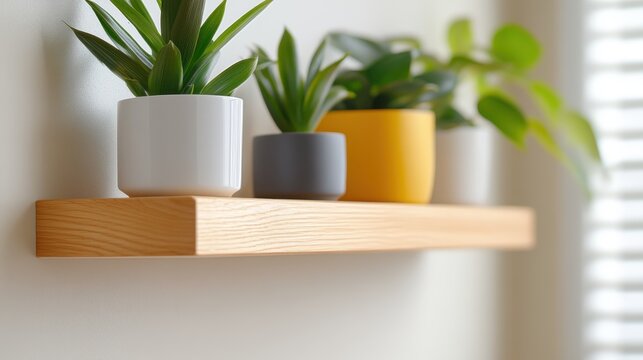 A variety of colorful ceramic plant pots are arranged on a wooden shelf, bringing a touch of nature and vibrancy into the space with playful and artistic design.