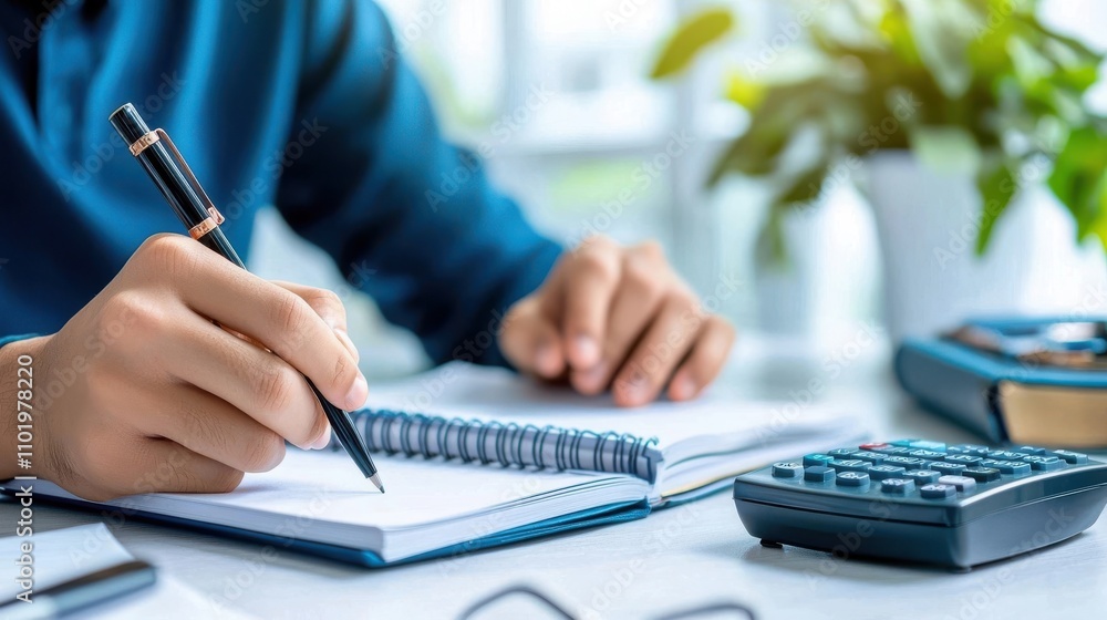 Poster focused business professional writing notes in notebook with calculator on desk in modern office env