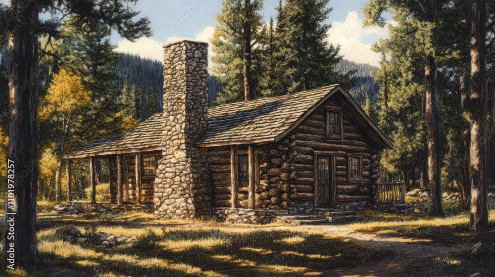 Poster a rustic log cabin nestled among tall trees in a serene forest setting.