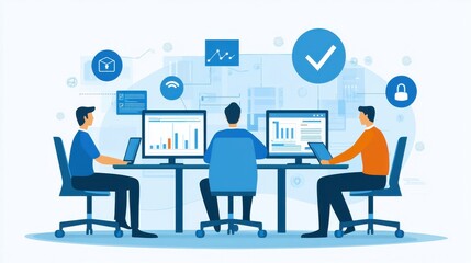 Three men are sitting at a desk with monitors and laptops