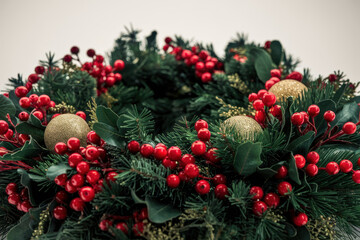 Festive Christmas Wreath Arrangement Home Decor Holiday Cheer Indoor Setting Close-up View Traditional Aesthetic for SEO Impact