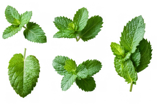 Vibrant green mint leaves in triangular arrangement on transparent background, digital illustration of four types.