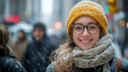 Woman with smile on her face enjoy the snow and snowfall