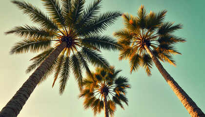 Elegant palm trees reaching towards a bright sky with soft light and copy space
