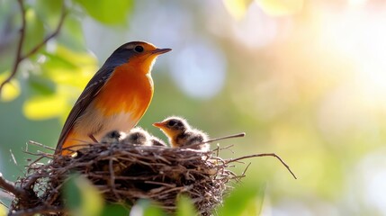 A radiant bird watches over its precious offspring in a leafy nest, casting a serene symbol of protection and family bonding, highlighted by warm, gentle lighting.