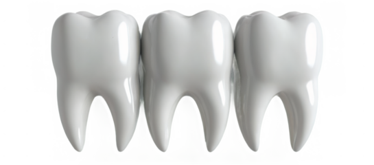 Three different sized white teeth in a triangular arrangement against a transparent background, rendered in a realistic 3D style.