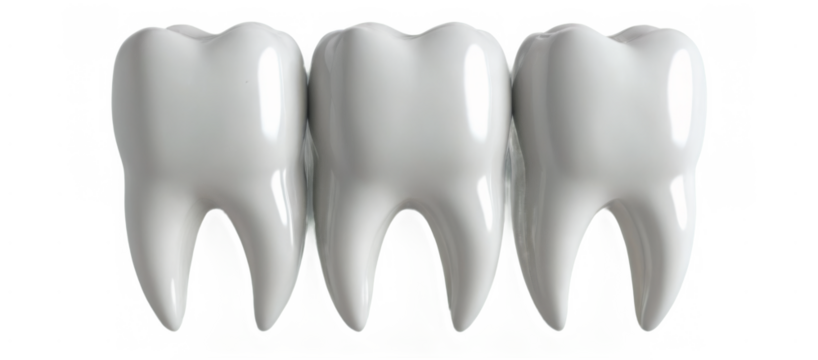 Three different sized white teeth in a triangular arrangement against a transparent background, rendered in a realistic 3D style.