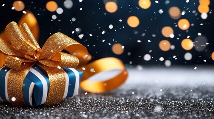 Glittering Golden Gift Box with Ribbon Resting in Snowy Winter Wonderland Scene with Sparkling Bokeh Lights and Festive Holiday Atmosphere