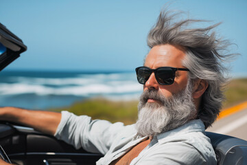 Fototapeta premium Retired man with a gray beard and sunglasses driving a convertible on a coastal highway, wind blowing through his hair, ocean waves in the background.
