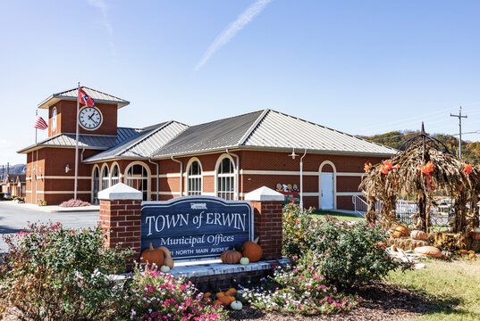 ERWIN, TN, USA-28 OCT 2019: Town office building and sign.