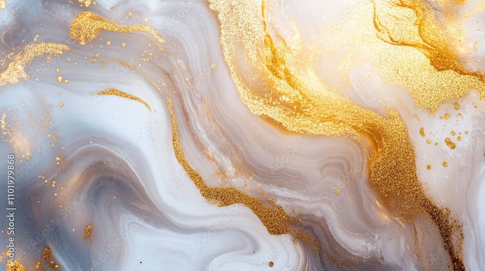 Poster abstract design featuring swirling gray and gold patterns with shimmering texture
