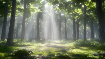 Fototapeta premium A sunbeam pierces through a dense, misty forest, illuminating the lush green undergrowth and towering trees. The scene evokes a sense of tranquility and mystery.