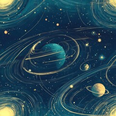 Starry Night Sky with Planets and Orbits