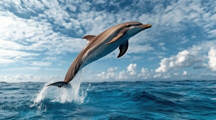 A lone dolphin majestically leaps through the air, its silhouette outlined against a clear blue sky and expansive ocean, embodying grace and freedom.