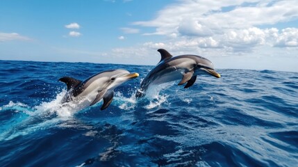 Fototapeta premium In a lively display of agility, two dolphins jump joyfully through the sea against a backdrop of fluffy white clouds and endless blue sky above.