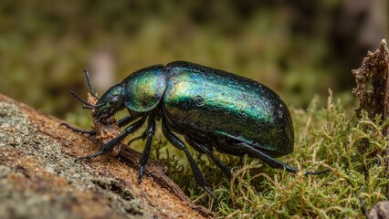 Fototapeta premium Iridescent beetle on bark with metallic sheen