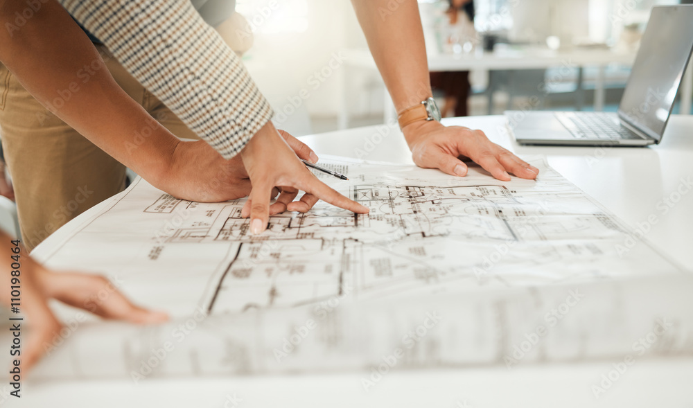 Poster employees, hands and blueprint for architecture project in office, collaboration and teamwork. staff