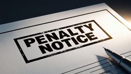 Law Restriction Penalty Concept. A penalty notice document prominently displaying the words "PENALTY NOTICE," accompanied by a pen, suggesting a formal warning or citation.