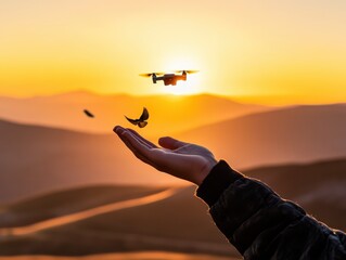 Drone Flying at Sunset Over Majestic Mountains: A Silhouette of Freedom and Technology