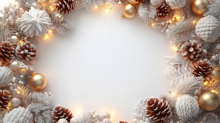 Winter decor with pinecones and gold ornaments in snow